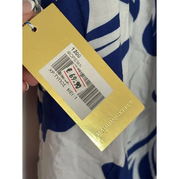 Vintage NWT Blue White Greek Key Sundress Rayon Strappy Midi Dress Small Resort - Picture 3 of 8